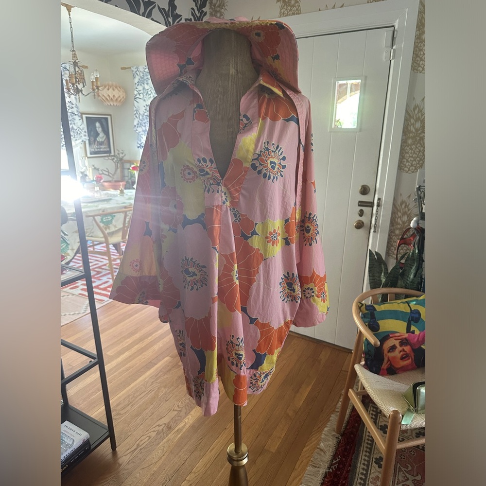 Zara Retro Pink Orange Yellow Floral Printed Oversized Tunic Size Small with hat - Picture 8 of 10